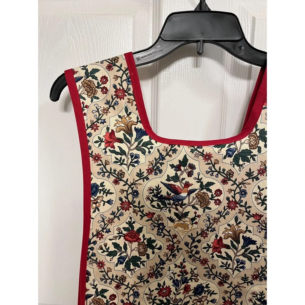 Red Blue Floral Bird Side Tie Apron, Handcrafted Kitchen Linen